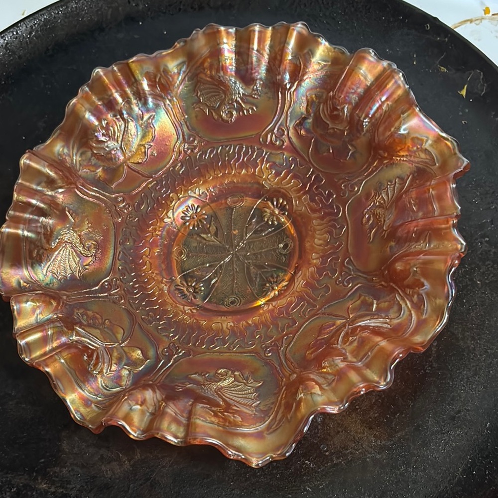 Antique Fenton Dragon and Lotus Marigold Carnival Glass Ruffled Bowl 8.75" W